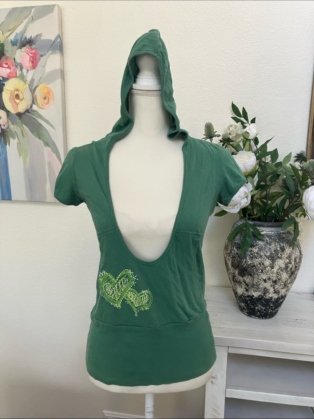 Y2k Self Esteem Green Hooded Deep V Short Sleeve Tank
